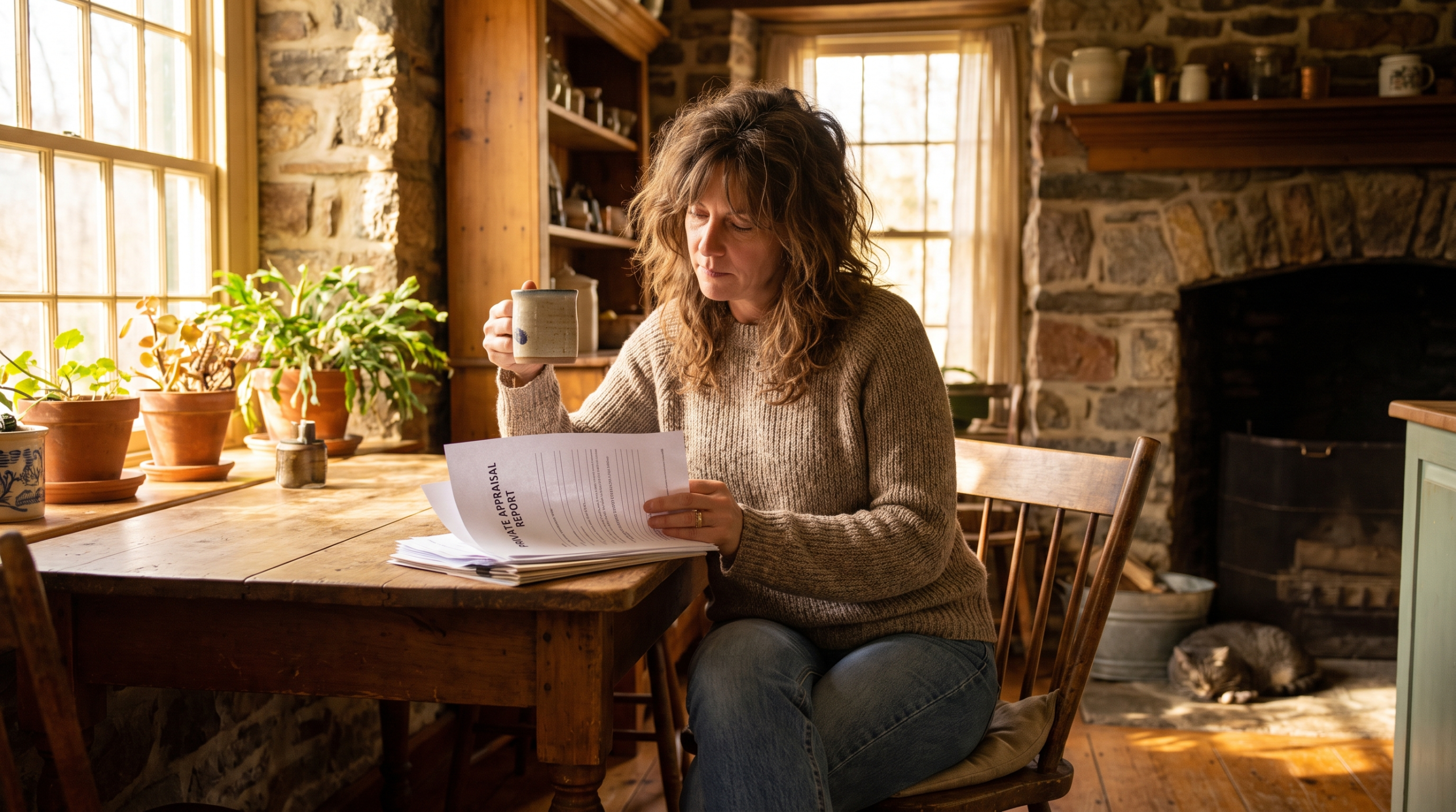 Homeowner reviewing a private independent home appraisal report at a kitchen table