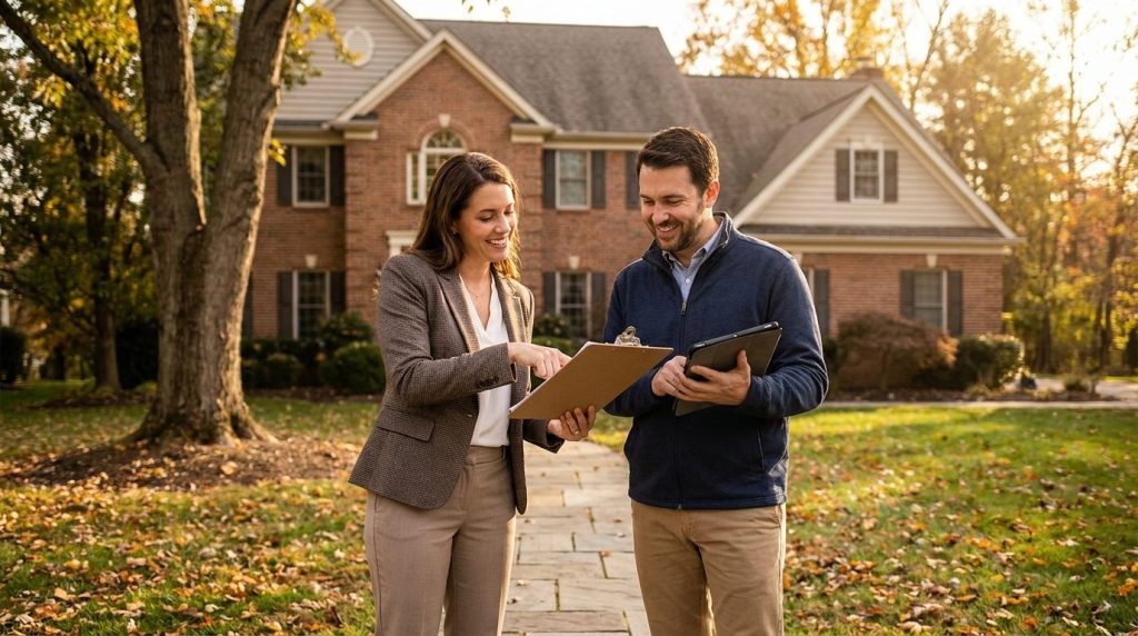 Real estate agent and appraiser reviewing estate home value with heirs during pre-listing appraisal consultation