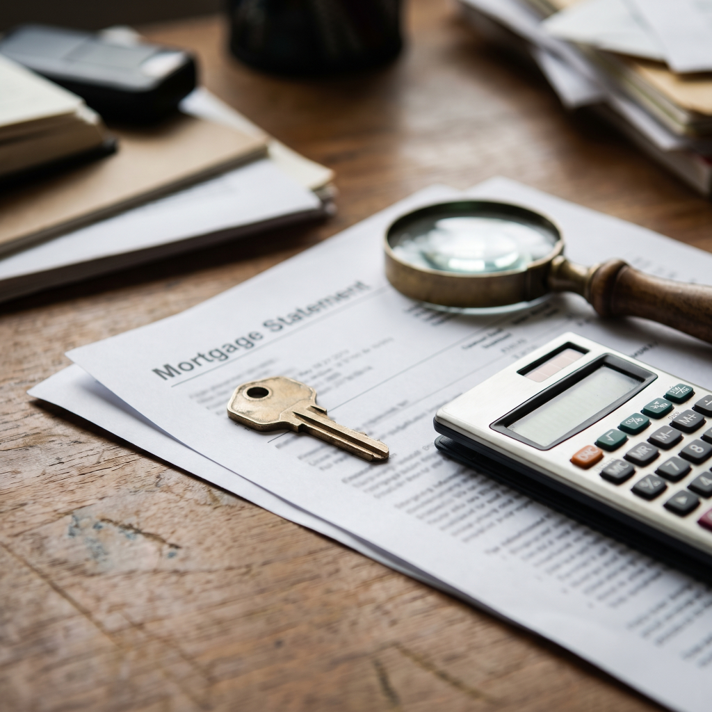 House key on a mortgage statement with a calculator, representing home equity for PMI removal