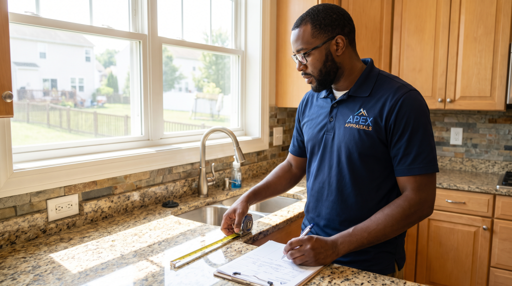 Appraiser inspecting home interior for PMI removal equity verification