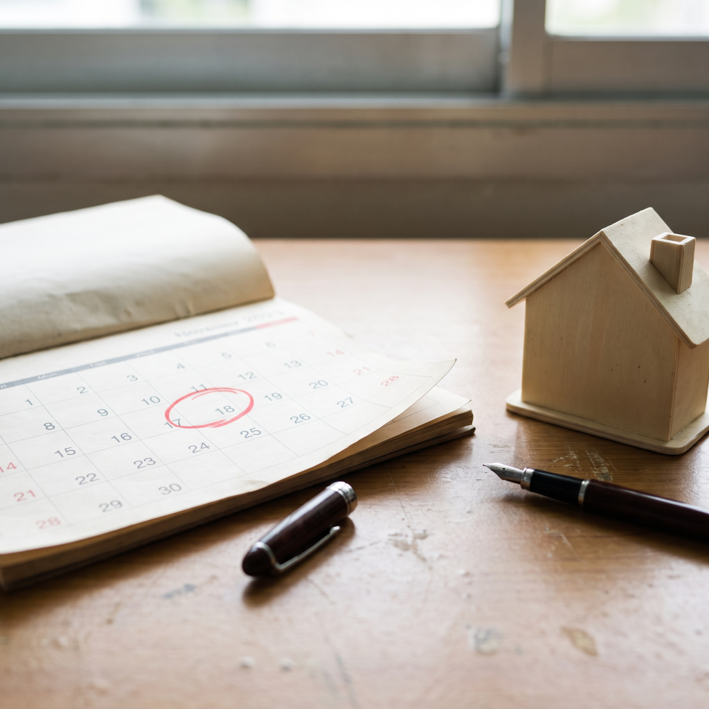 Wall calendar with a six-month date circled beside a house model, representing estate valuation timing