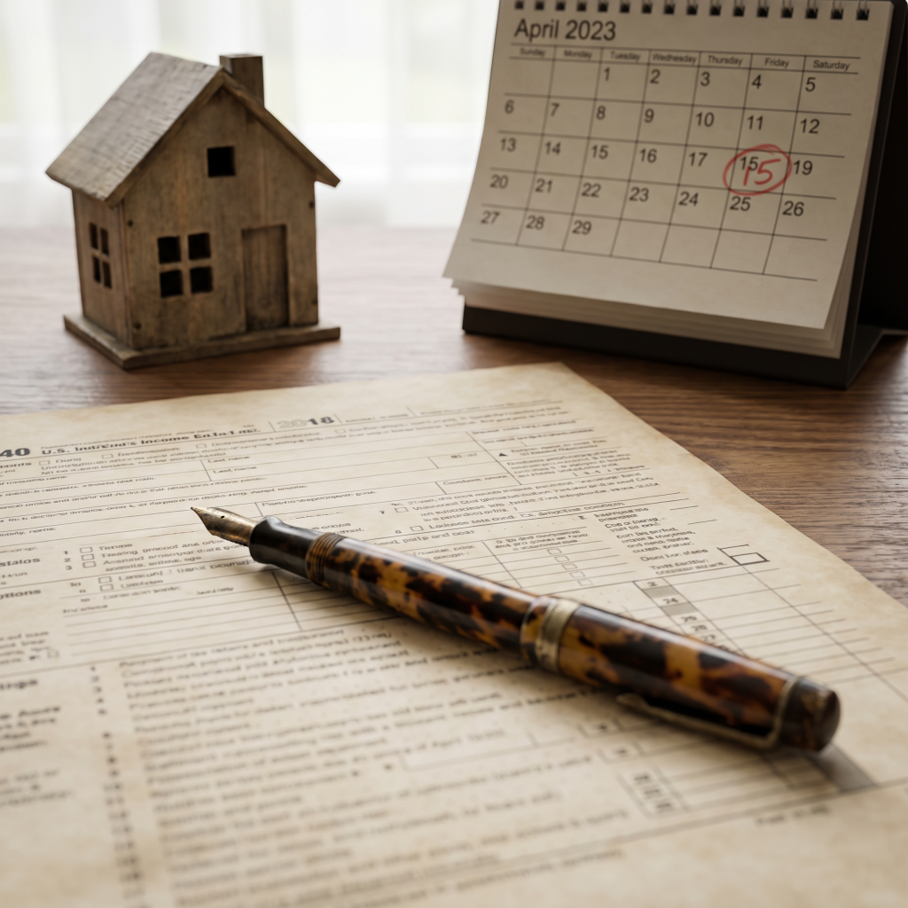Fountain pen on a tax form with a house model and calendar, representing estate valuation deadlines